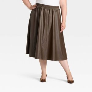 a new day | Classic Brown Faux-Leather Midi Skirt Size XL